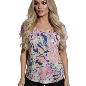 Lily Pulitzer V Neck Shirt Large Rollins Indigo Sunken Treasure Top 100% Linen